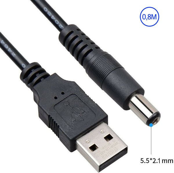USB Stromkabel auf DC Hohlstecker 5.5 x 2.1 mm 5V Ladekabel 80cm schwarz