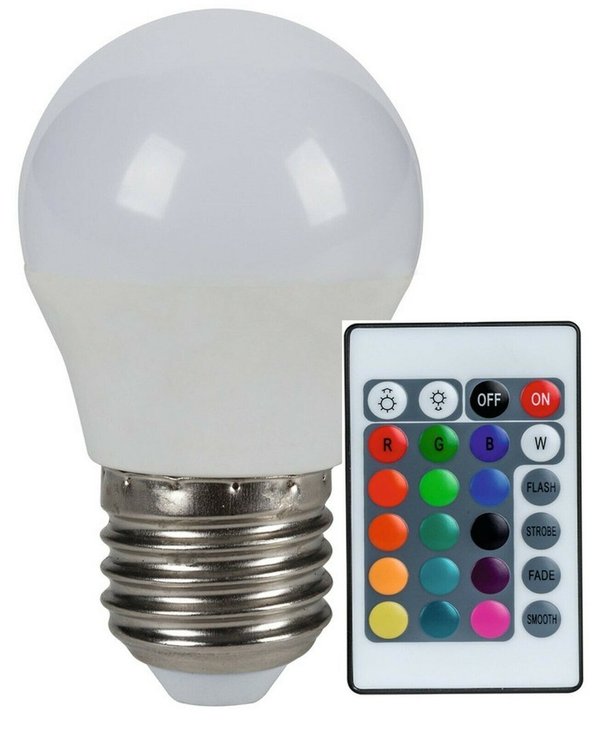 LED LEUCHTMITTEL G45 RGBW 4 Watt E27 mit Farbwechsel und Fernbedienung