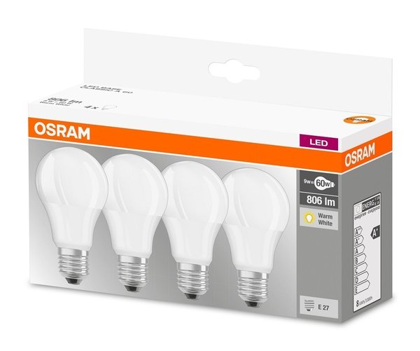 806 Lumen Osram LED BASE A60 E27 9W 2700K Warmweiss 4er-Pack